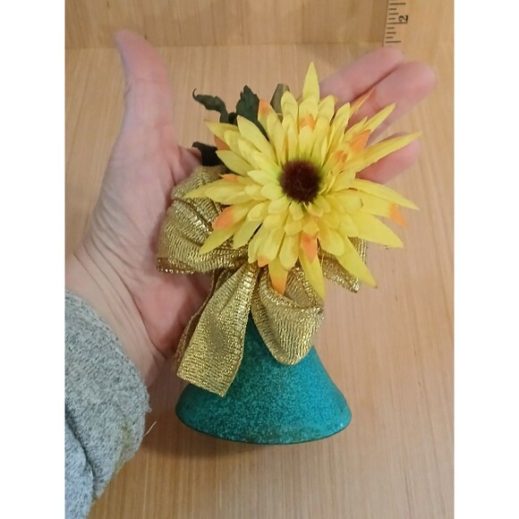 Rustic Metal Blue Ringing Bell with Sunflower Gold Bow Country Farmhouse Decor - Picture 5 of 11